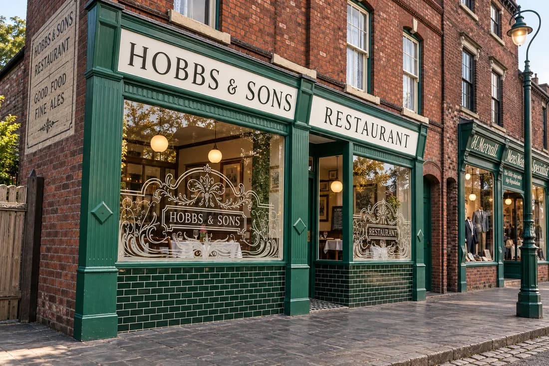 Hobbs & Sons restaurant shopfront seen at an angle, with painted sash windows above and the H. Morrall shopfront further along the street