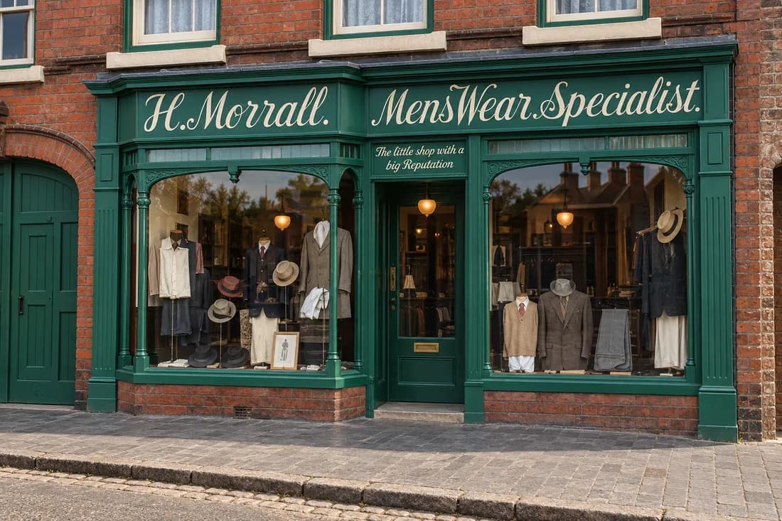 H. Morrall Menswear Specialist shopfront with arched glazed windows, slender columns and a central shop door, suits on display