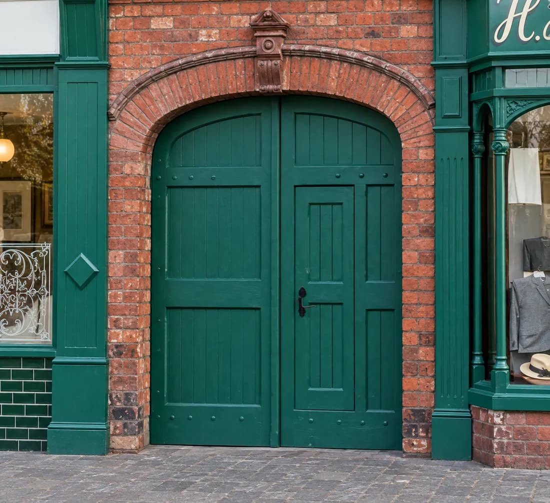 Pair of green-painted framed coach-house doors with a wicket door, hung under a red-brick carriage arch between two shopfronts