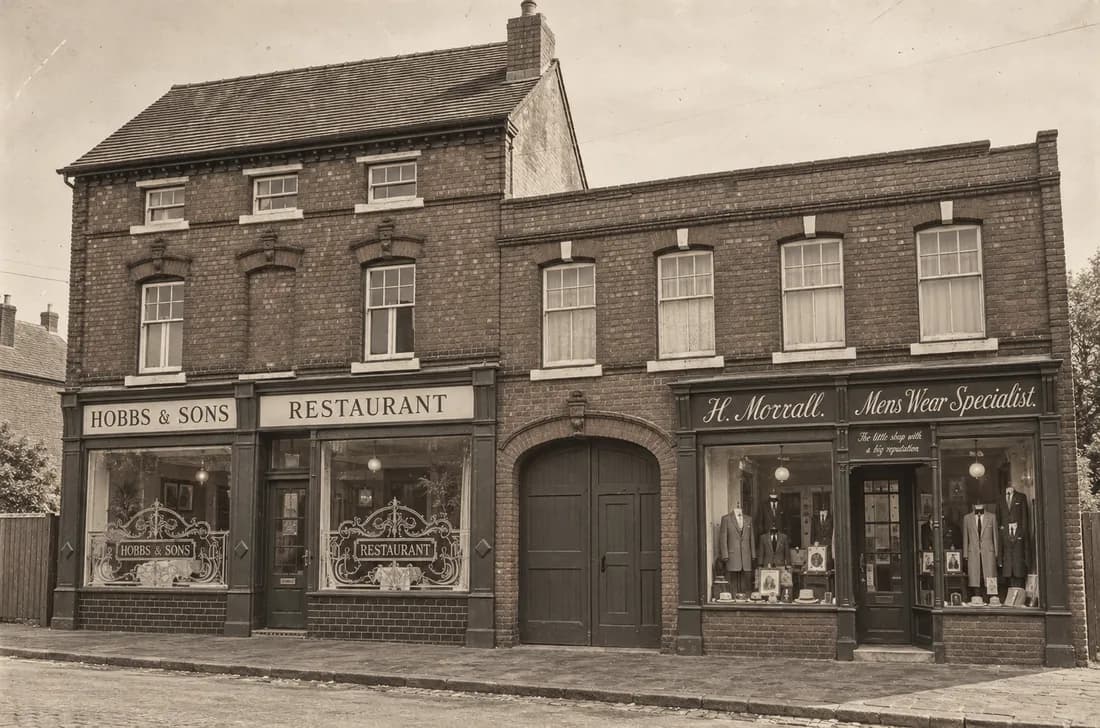 Sepia-toned photograph of the rebuilt Hobbs & Sons restaurant, coach-house arch and H. Morrall menswear shop at the Black Country Living Museum