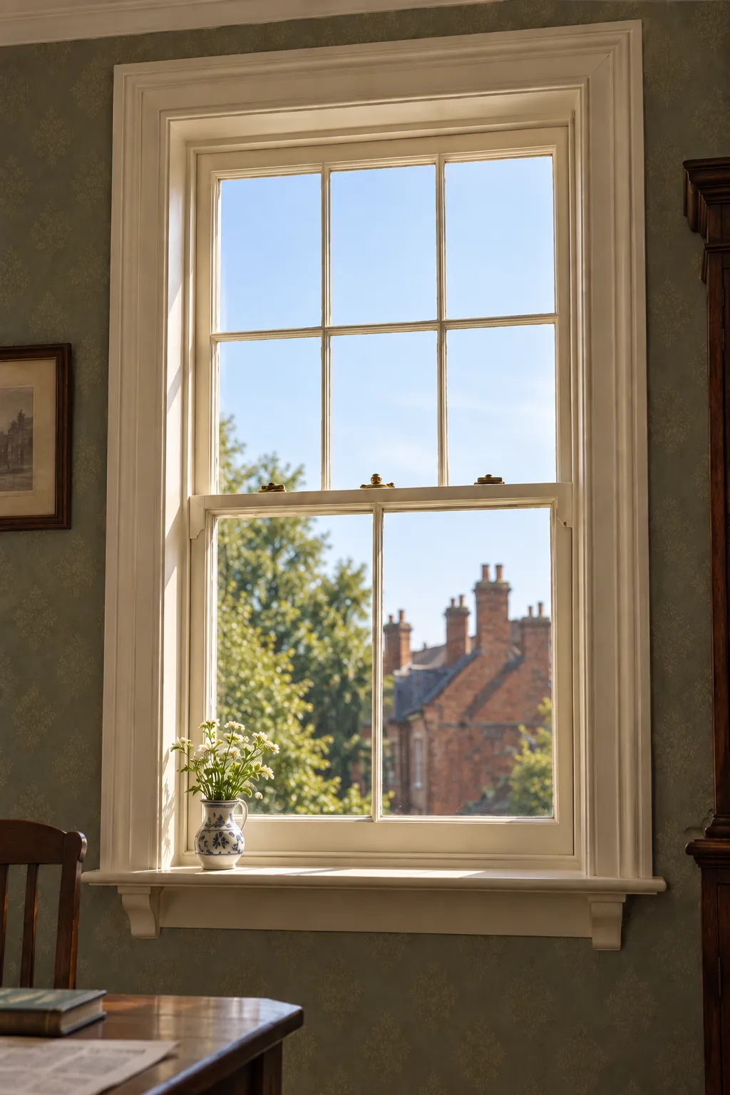 Painted timber sash window seen from inside a period room, with a moulded architrave and a window board on brackets