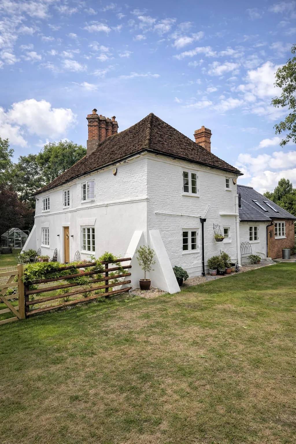 Full elevation of the white-painted listed farmhouse with Accoya flush casement windows, buttresses and a clay-tiled roof