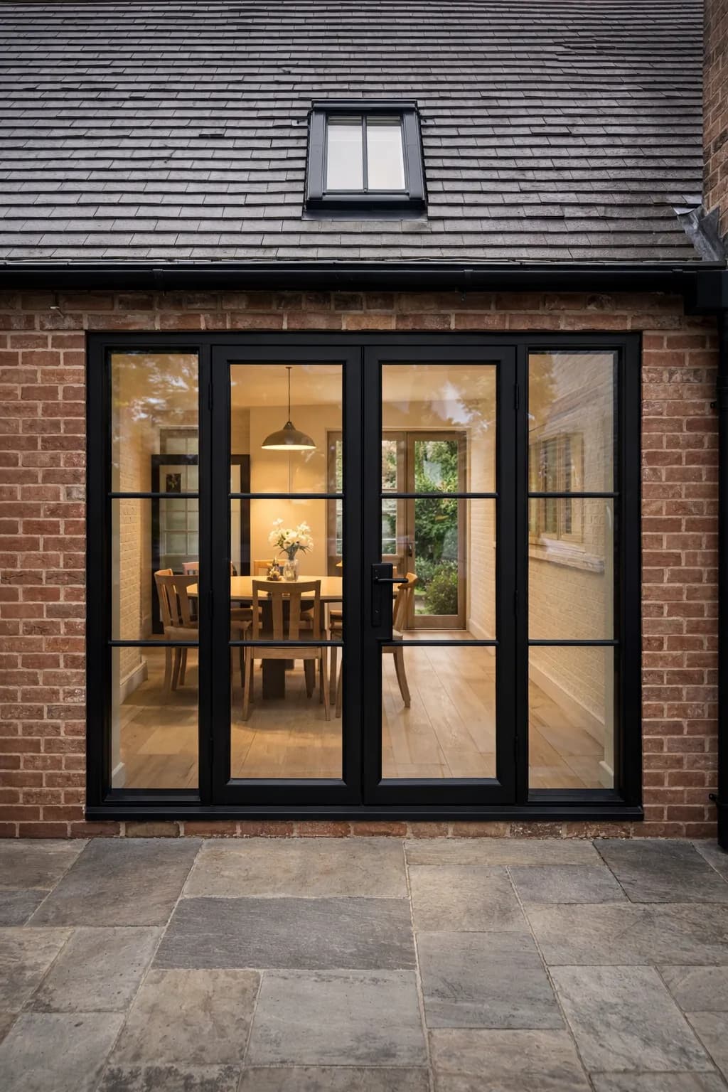 Slim steel-look glazed french doors in a dark finish on the contemporary rear extension