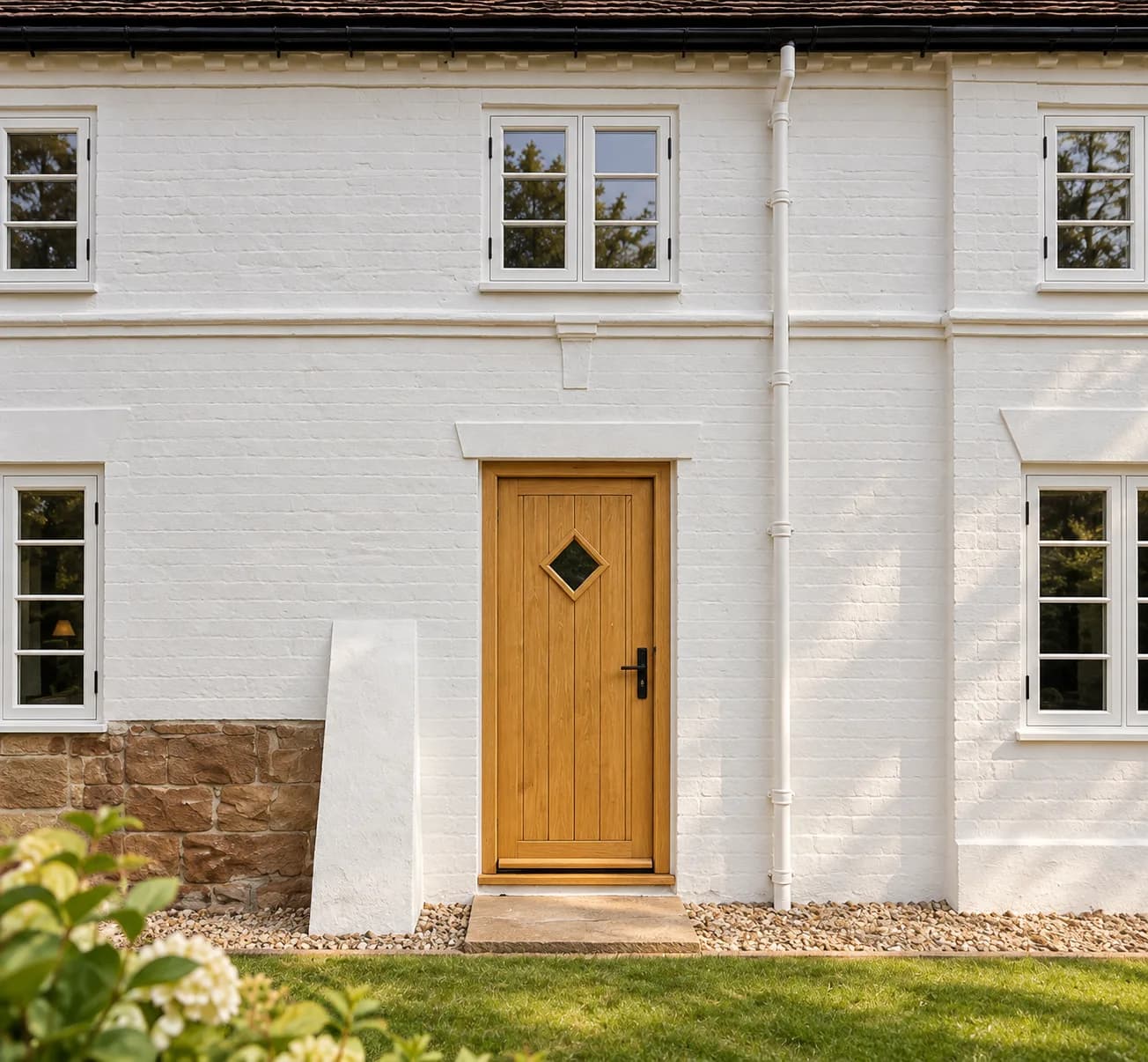 Solid oak front door with a diamond glazed light, boarded and framed, set in a white-painted brick elevation beneath a stone lintel