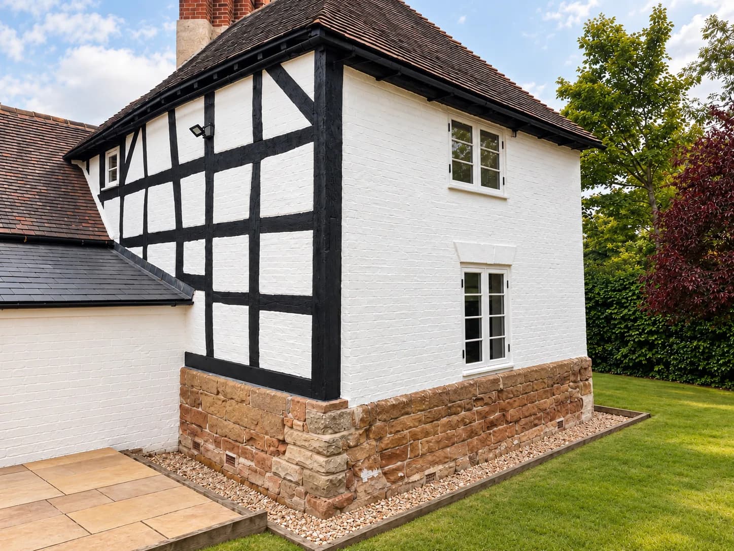 Timber-framed gable of the listed farmhouse, black frame against white-painted brick above a red sandstone plinth