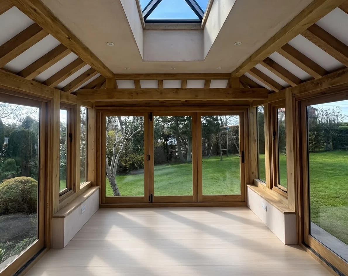 Inside an oak-framed room looking out to a lawn, the oak posts and tie beams exposed with slim oak glazing filling between them