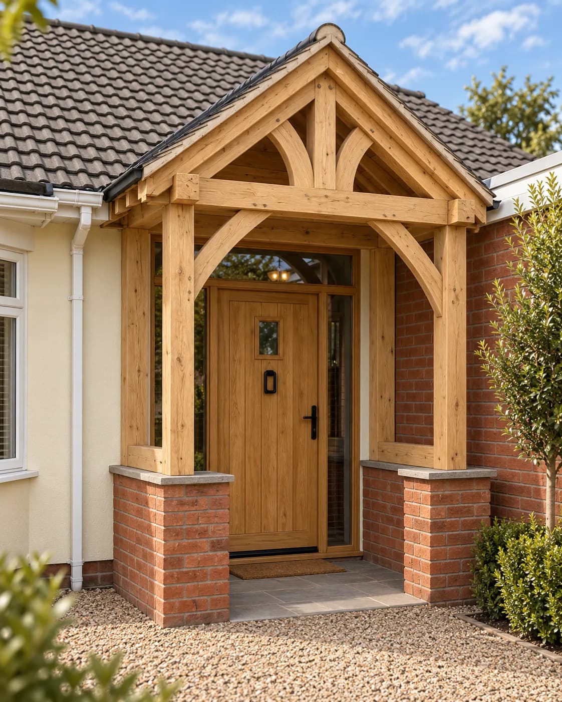 Oak-framed porch with a king-post truss on brick piers, sheltering an oak entrance door