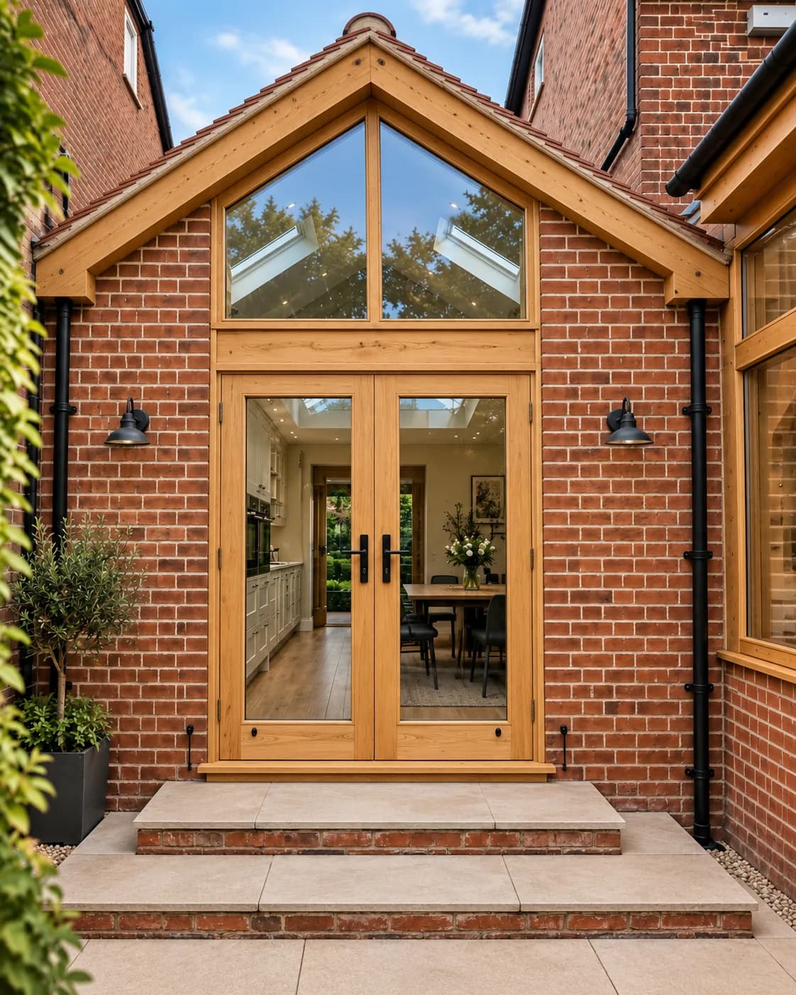 Oak-framed gable extension on a brick house, French doors below glazing taken to the pitch of the gable