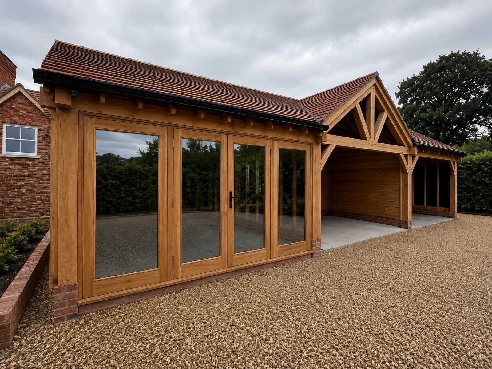 Oak-framed building with a glazed bay of oak doors to one end and an open cart bay with a king-post truss beyond, under a clay tile roof