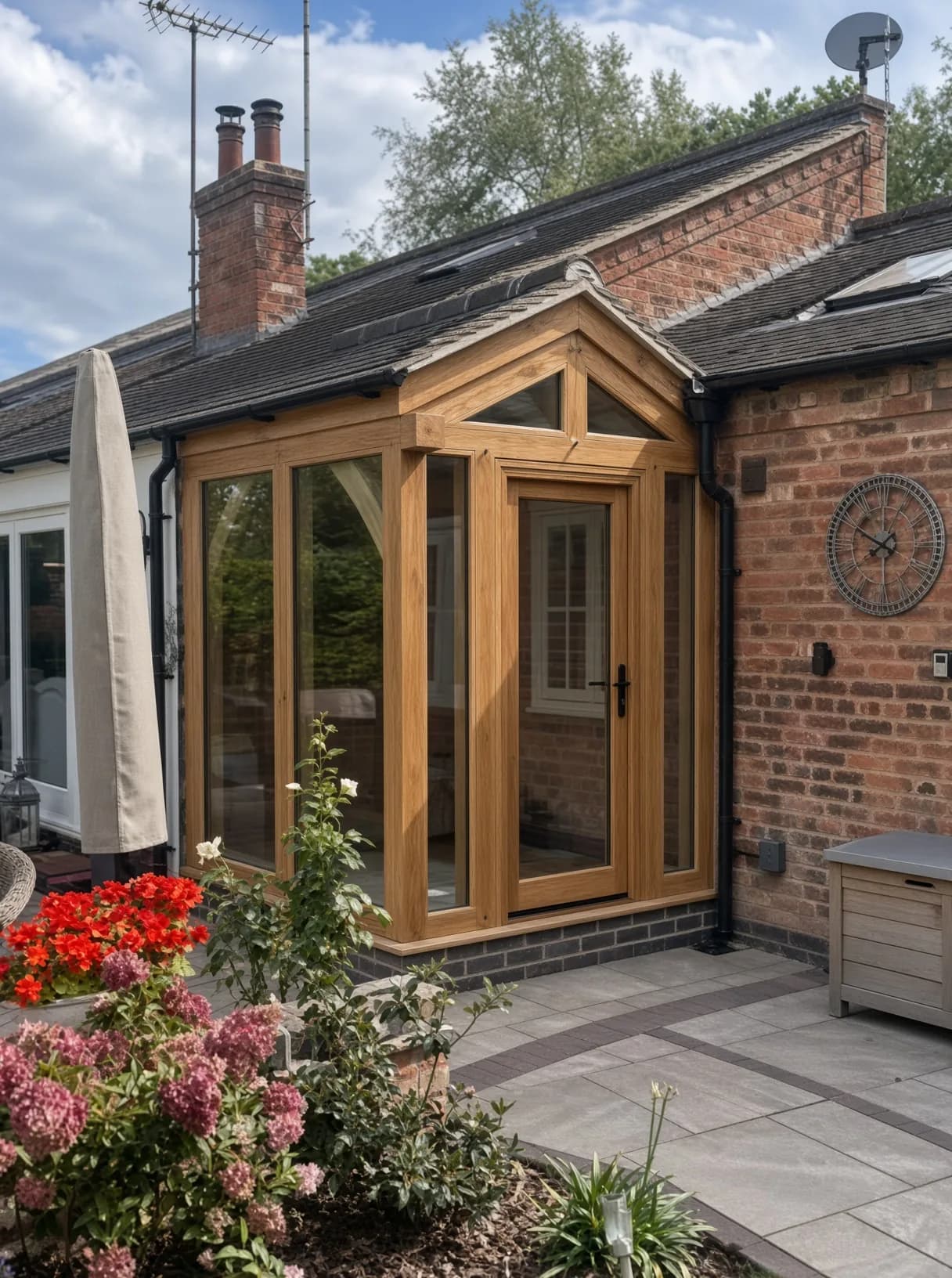 Oak-framed garden room with a glazed gable against a brick house, oak doors opening to a terrace