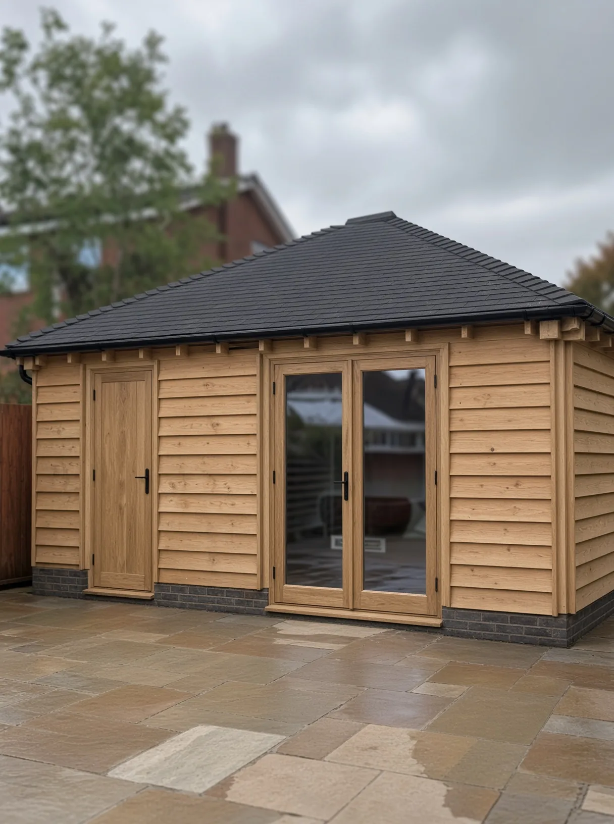 Oak-clad garden building under a hipped slate roof, with oak glazed doors to the front