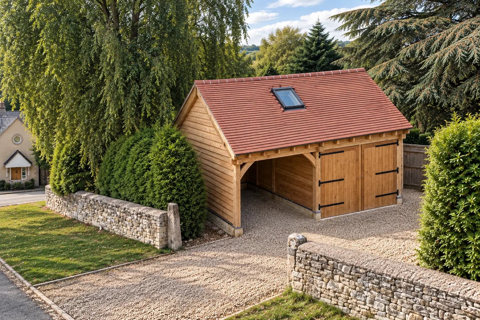 Green oak framed garage with boarded oak doors, timber cladding and a clay tile roof, behind drystone walling at Painswick