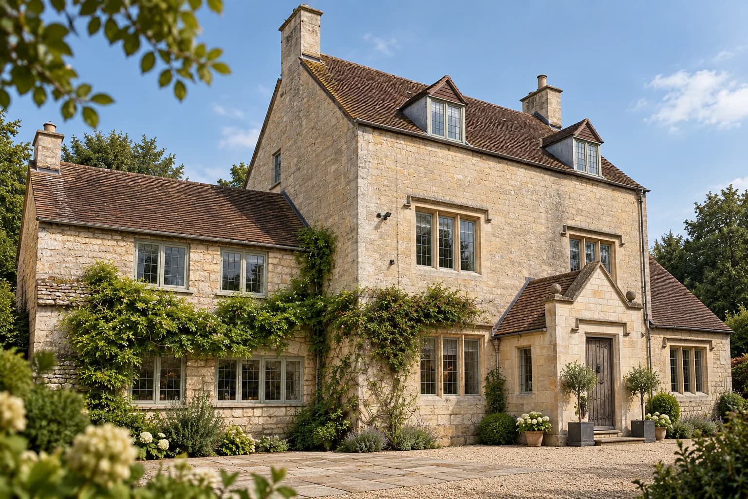 Cotswold stone house at Painswick with painted sapele casement windows throughout, dormers and a gabled stone porch