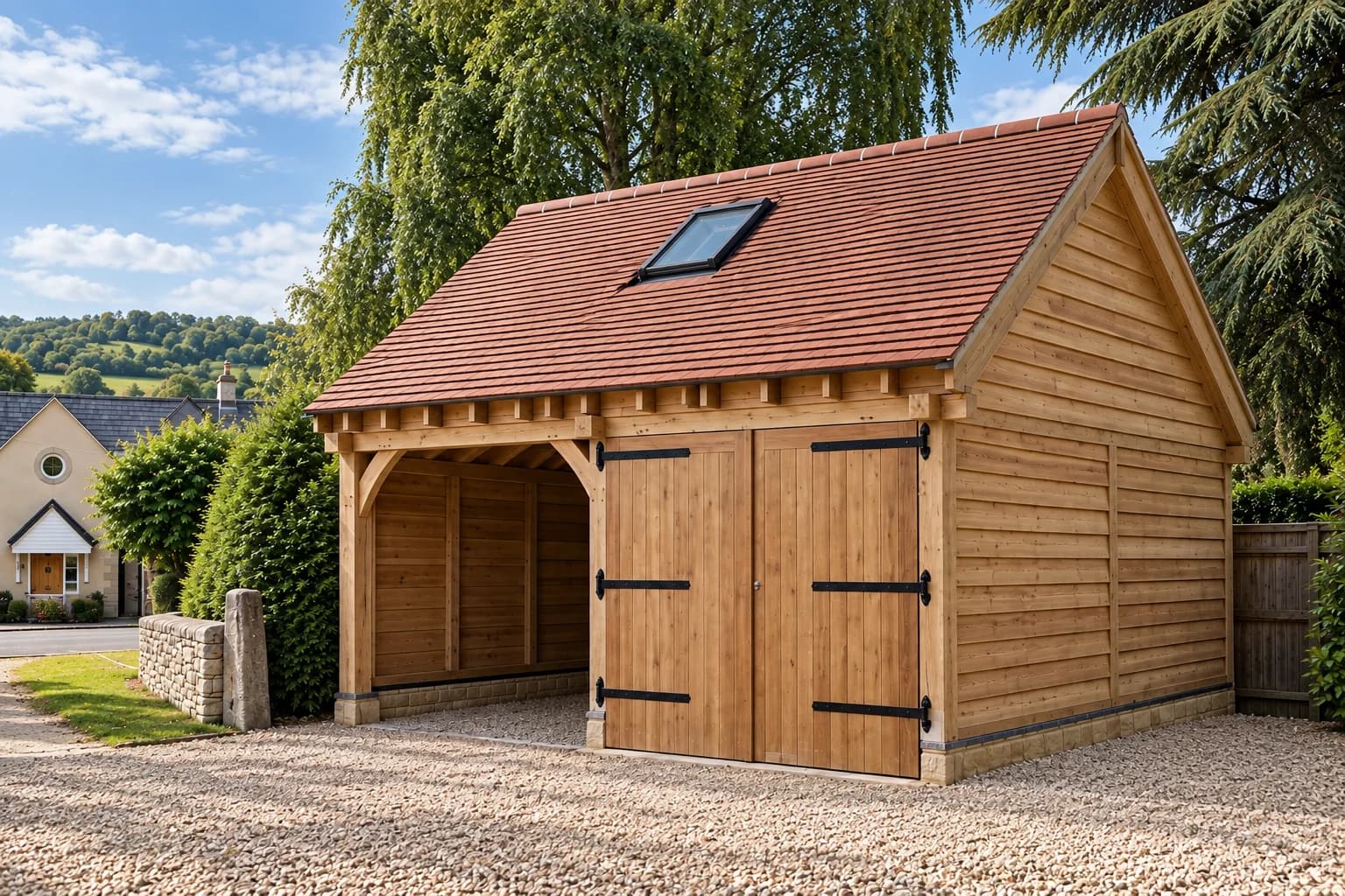 Two-bay green oak framed garage seen square on, an open cart bay beside boarded oak doors on strap hinges, under clay tile