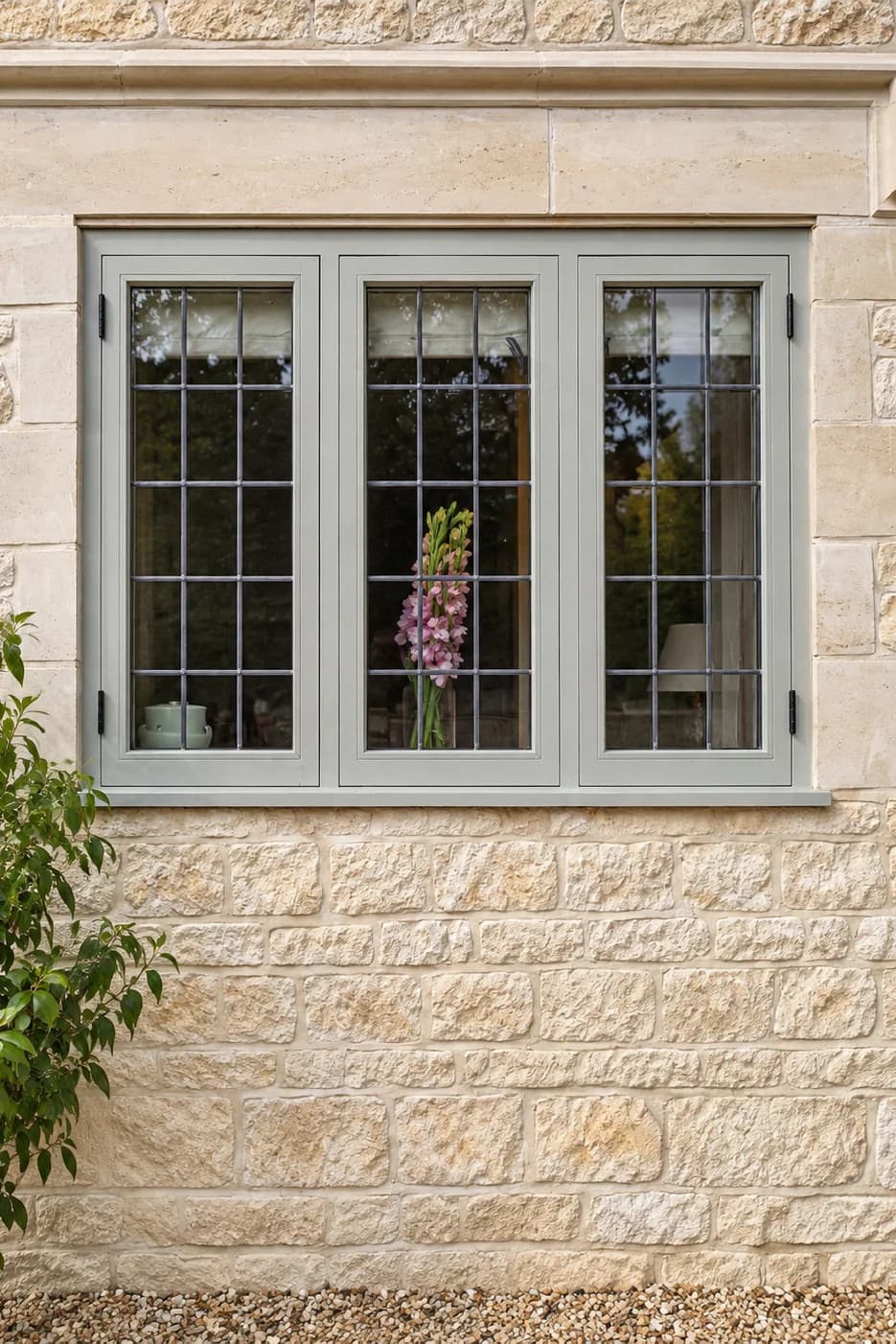 Painted sapele three-light casement window with leaded lights, set in an ashlar Cotswold stone surround