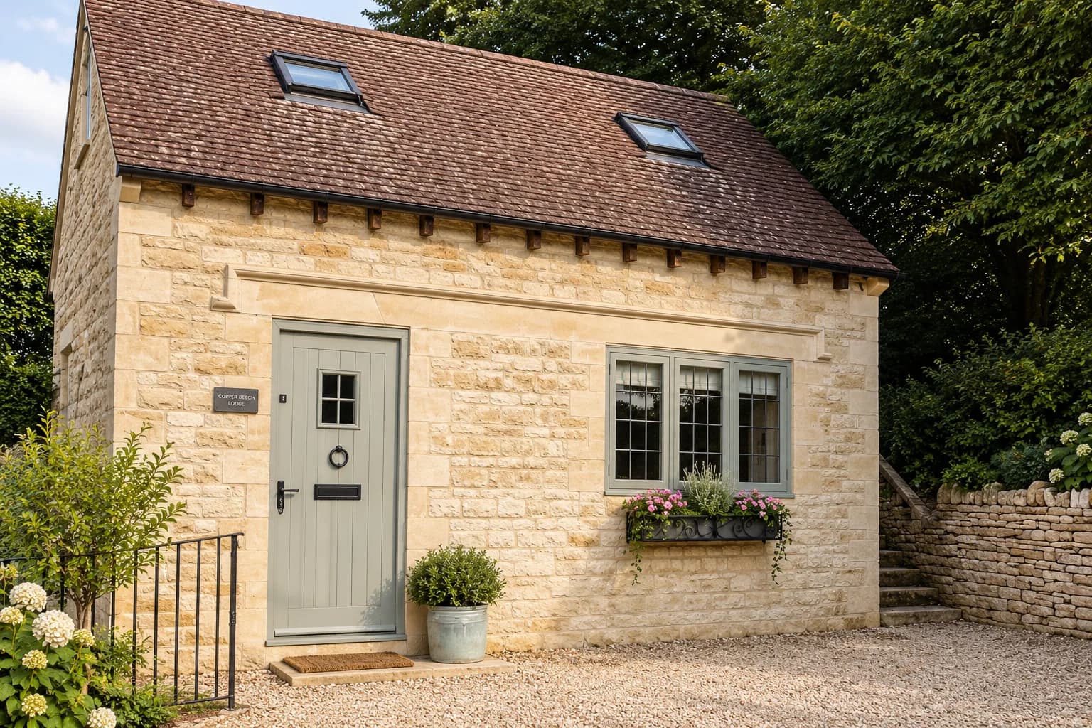 Cotswold stone holiday let with a painted sapele farmhouse door and a leaded casement window under a stone tile roof
