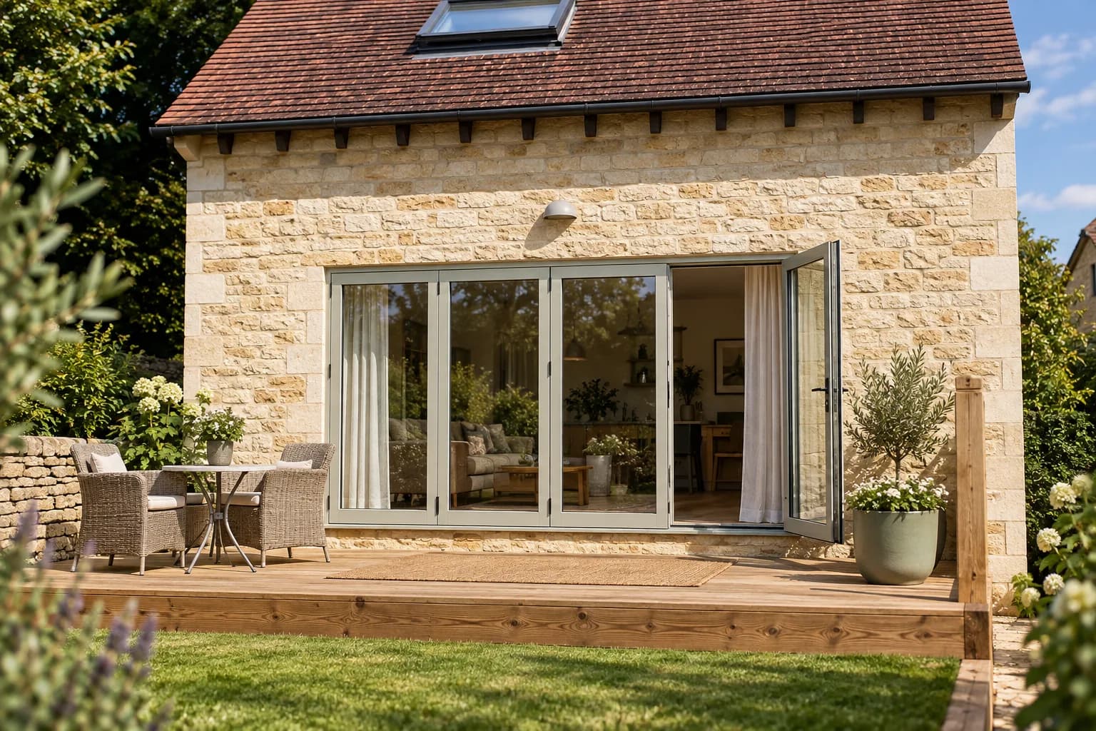 Painted sapele bifold doors opening a Cotswold stone holiday let onto a timber deck and garden
