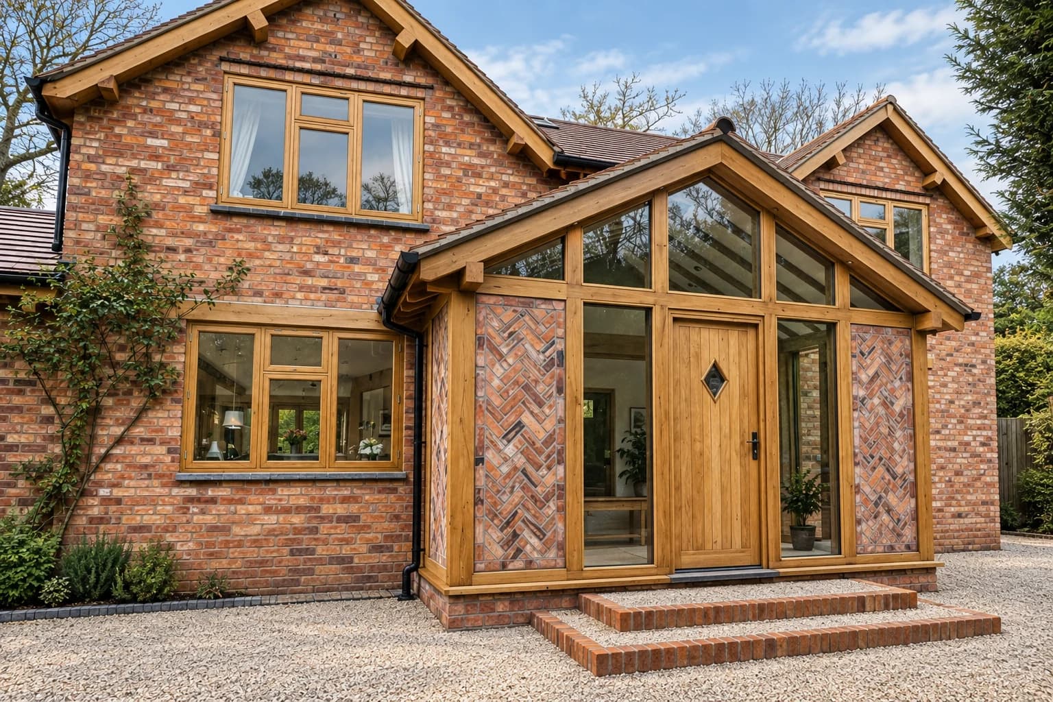 Gabled oak-framed porch at Stourbridge, glazed and fully enclosed, with apex glazing, herringbone brick panels and a solid oak door with a diamond light