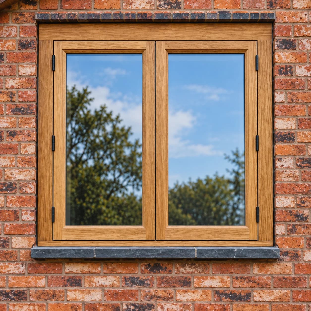 Oak casement window with a moulded oak cill and a slate head, two lights divided by a central mullion, set in handmade brick