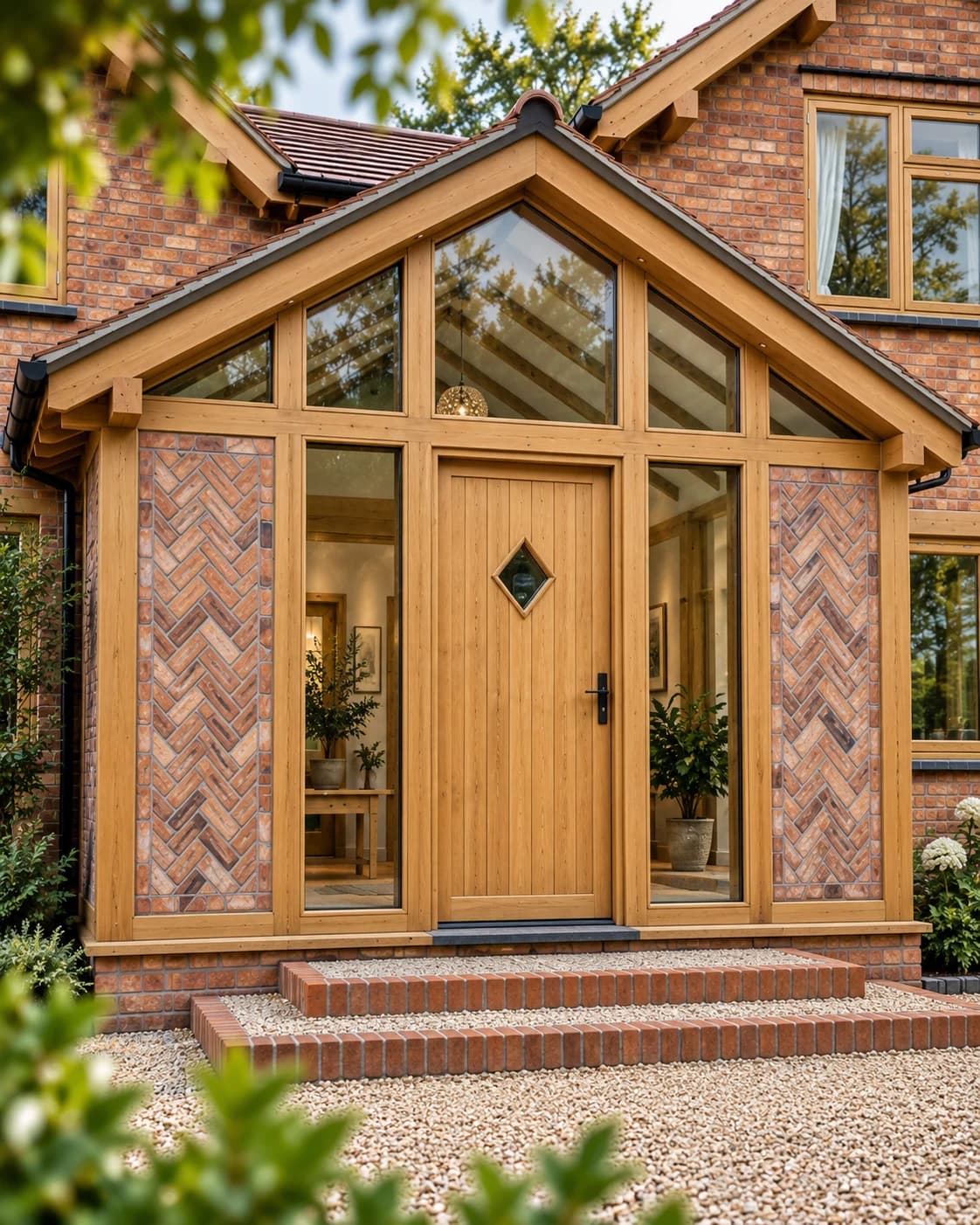 The oak porch seen straight on, herringbone brick panels either side of a solid oak door with a diamond glazed light, glazing carried up into the gable
