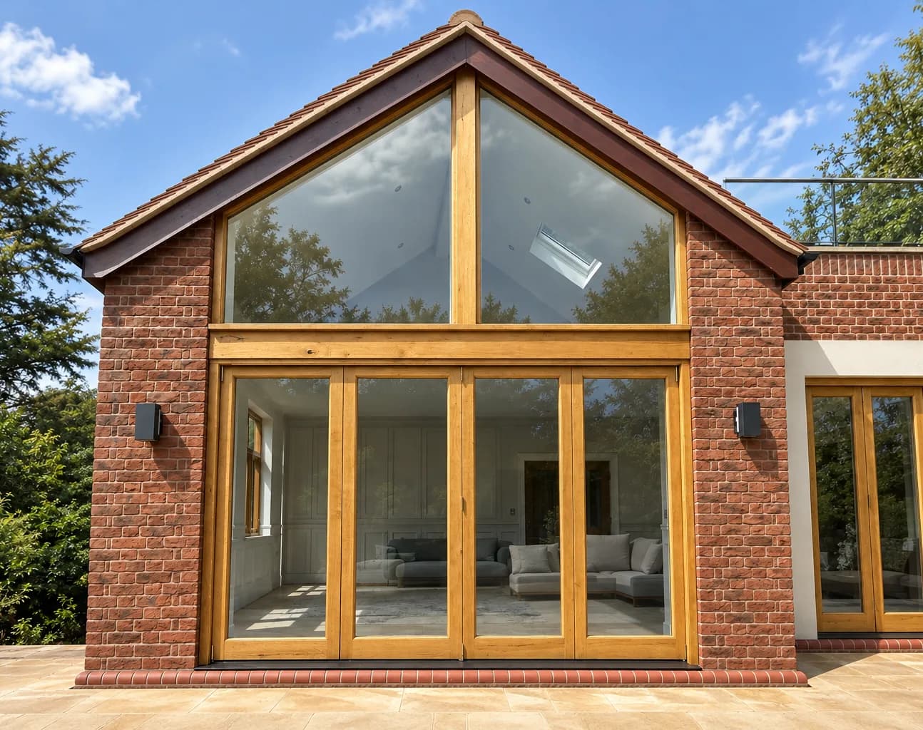The glazed oak gable from the garden, the apex glazing and bifolds below reflecting the trees