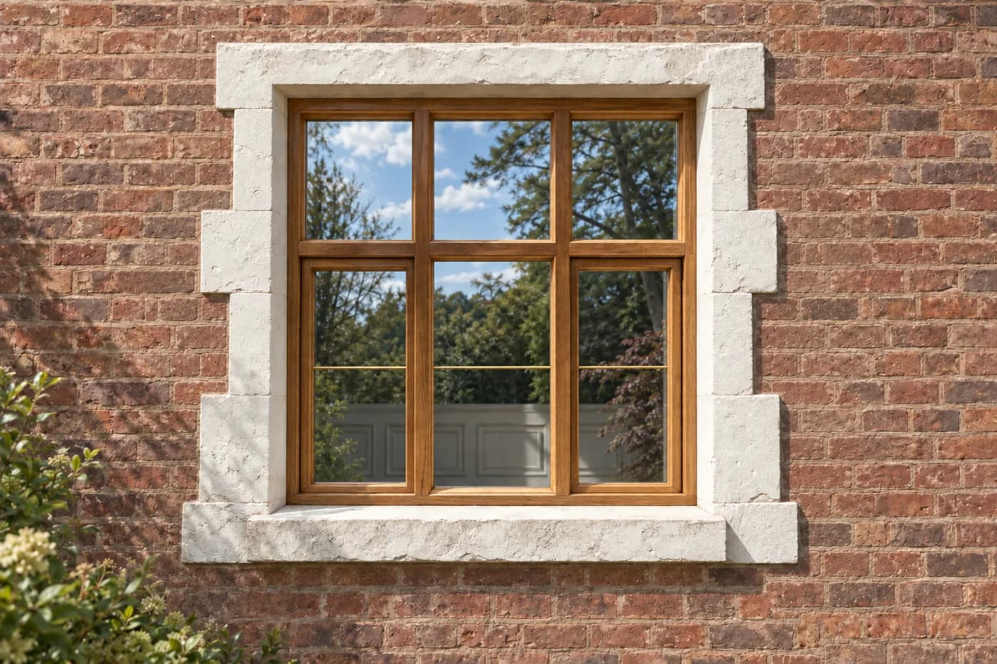 Oak casement window with brass glazing bars set in a stone surround on a brick elevation