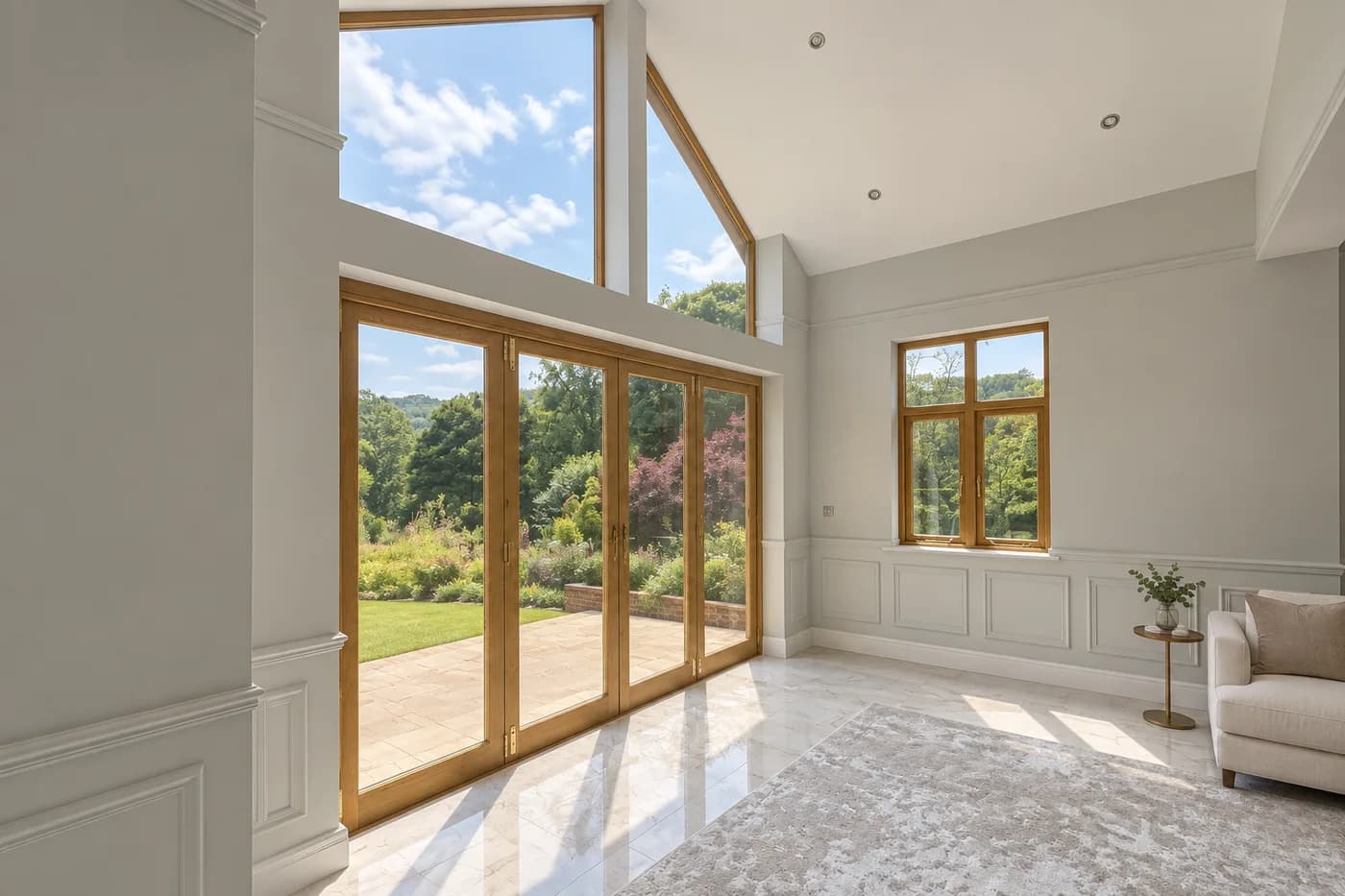Inside the extension, the oak bifolds and apex glazing seen from the room, daylight across a polished floor