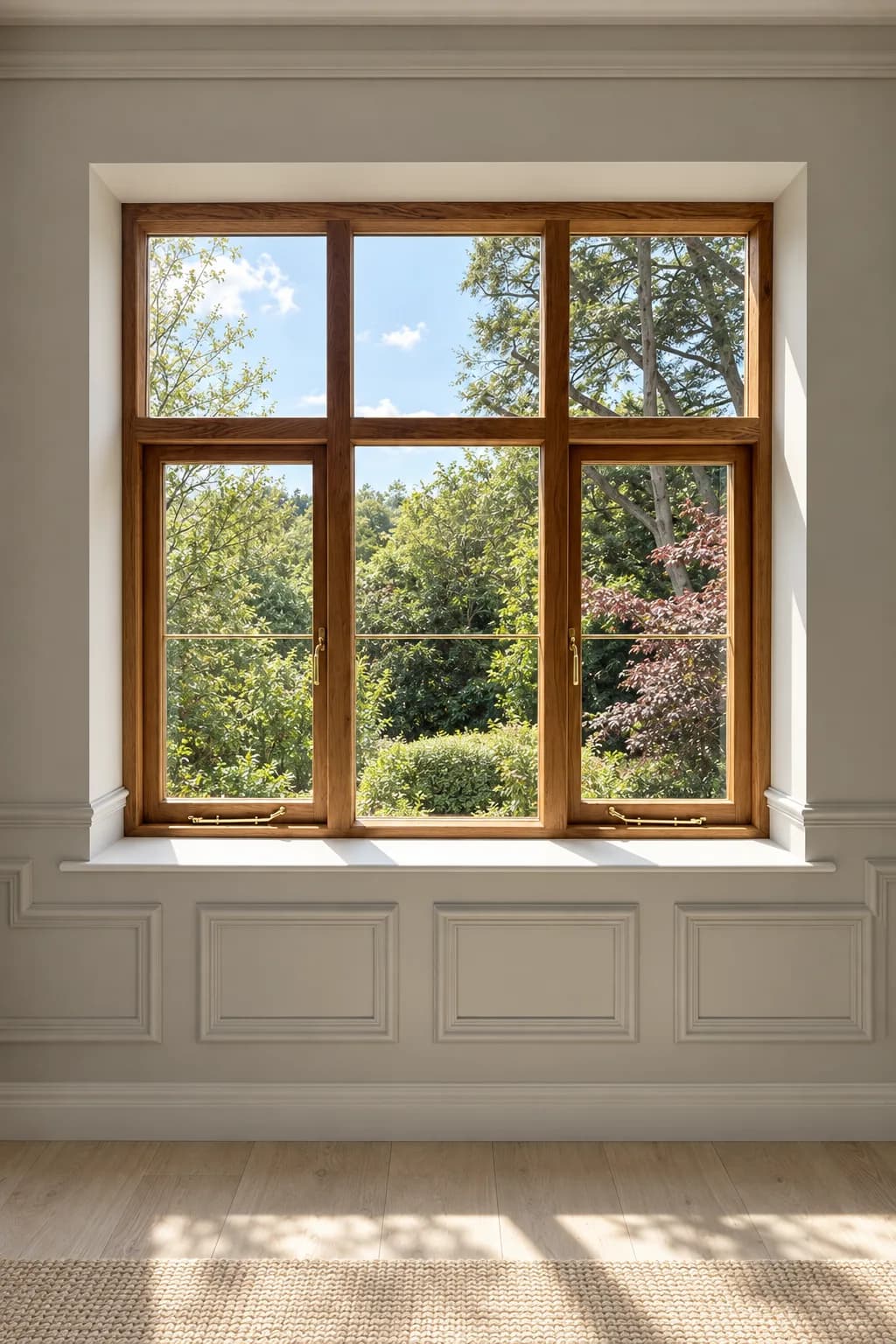 Oak casement with a transom light in a panelled room, opening lights on brass stays