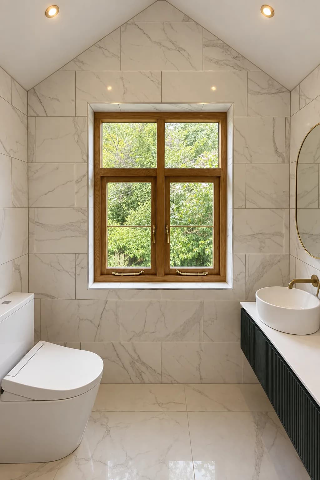 Oak casement window in a marble bathroom, the brass handles catching the light