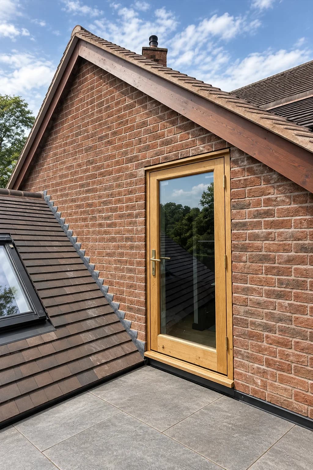 Oak terrace door at first floor in a brick gable, opening onto a roof terrace above a tiled roof