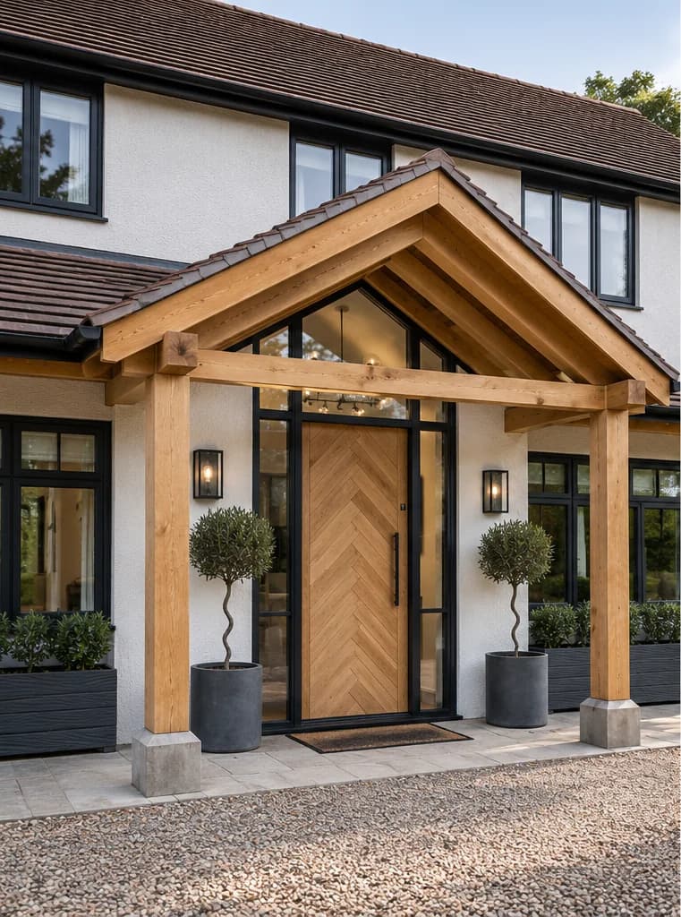 Green oak porch seen from an angle, its posts and gabled bay carrying a standing-seam roof across the front of a rendered house