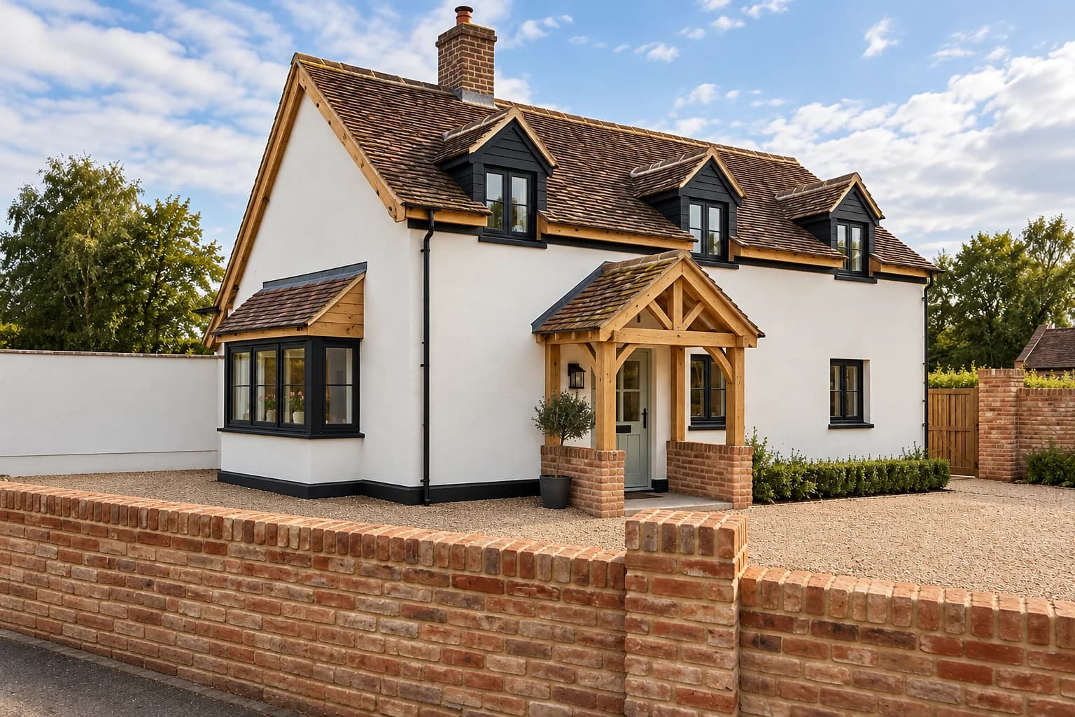 White rendered cottage at Hagley under clay tile with dormers, a green oak gable porch on brick piers over a painted entrance door, behind a brick boundary wall