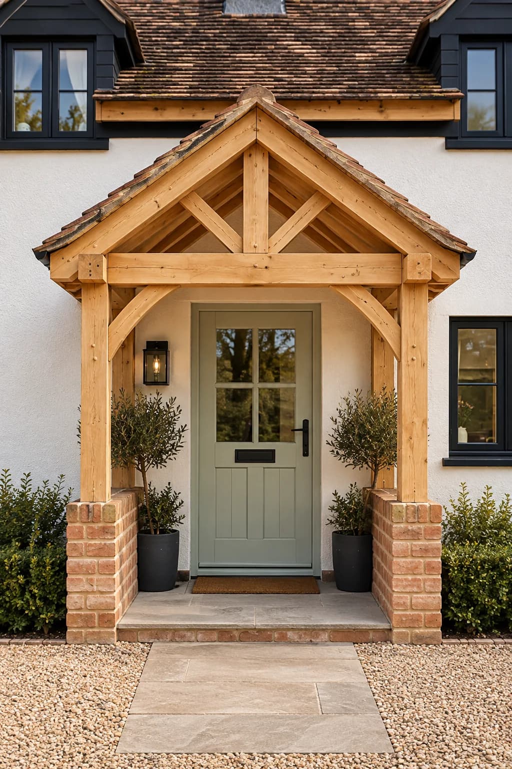 The finished green oak gable porch at the cottage over a painted entrance door, the oak settled in colour, paving and planting complete