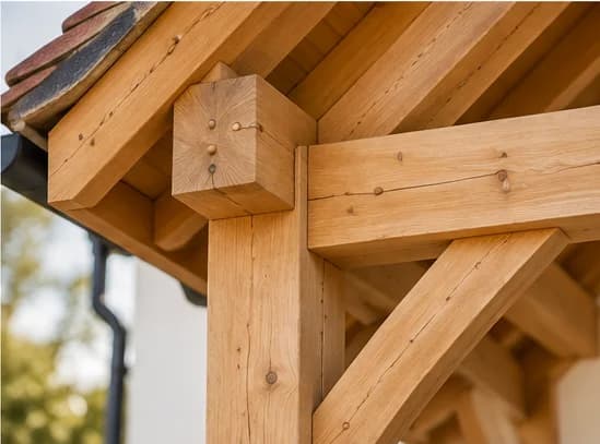 Close detail of a green oak porch joint, showing the peg, the tenon shoulder, the brace and the tie beam