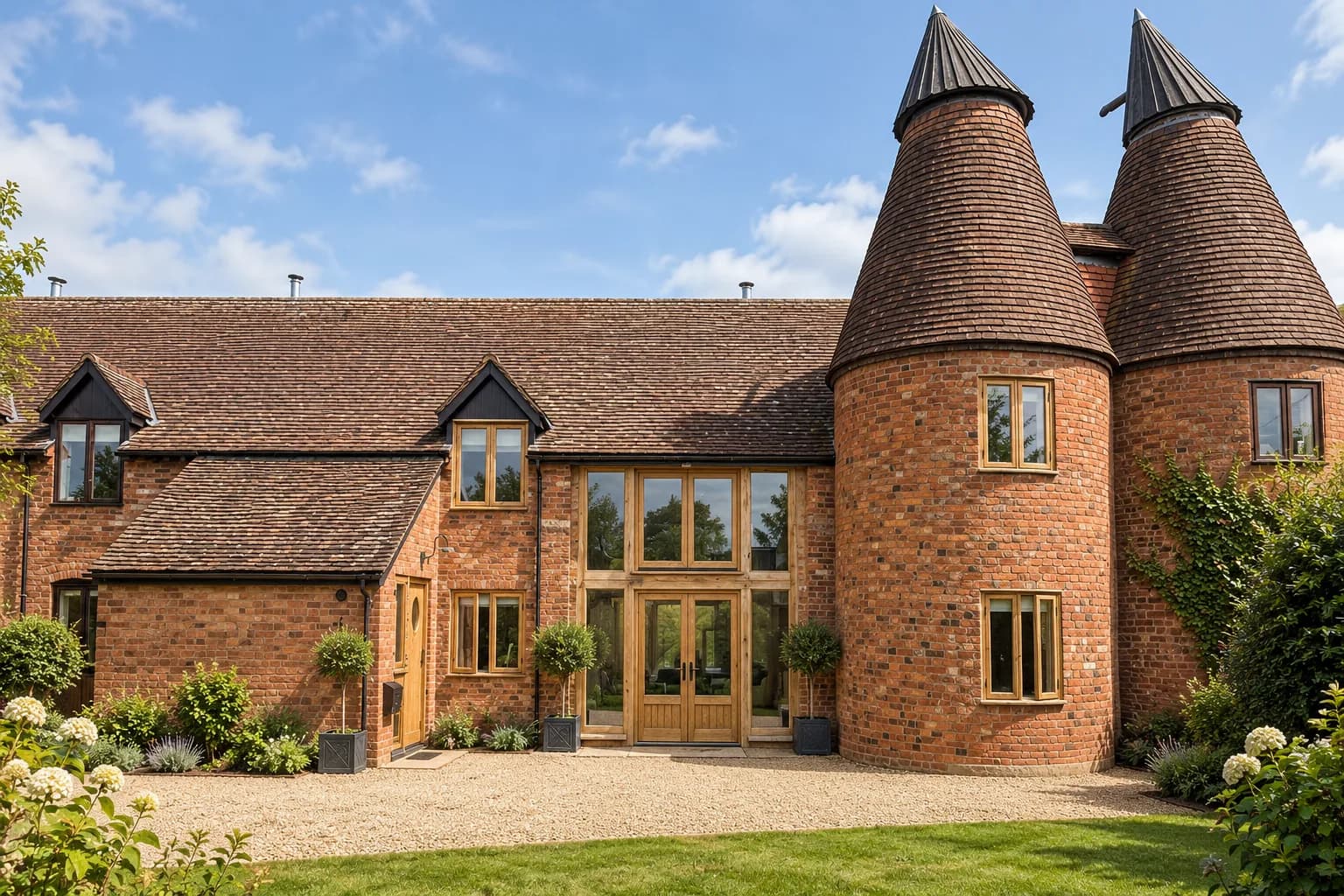 Converted brick barn range with twin oast kilns and European oak windows and doors throughout, near Malvern