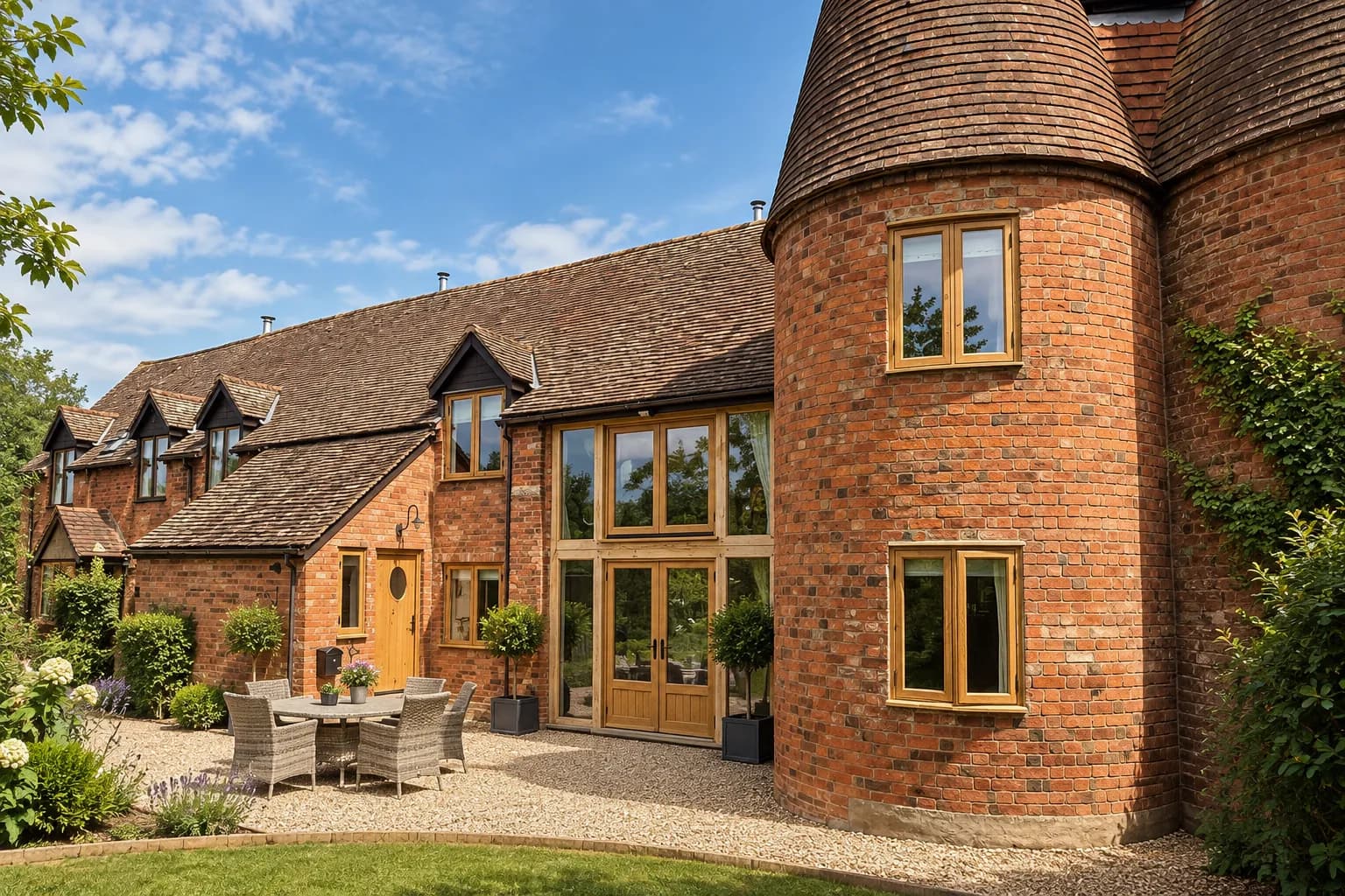 Round brick oast kiln with its conical tiled cap, European oak casements set into the curve of the tower, the barn range and courtyard beyond