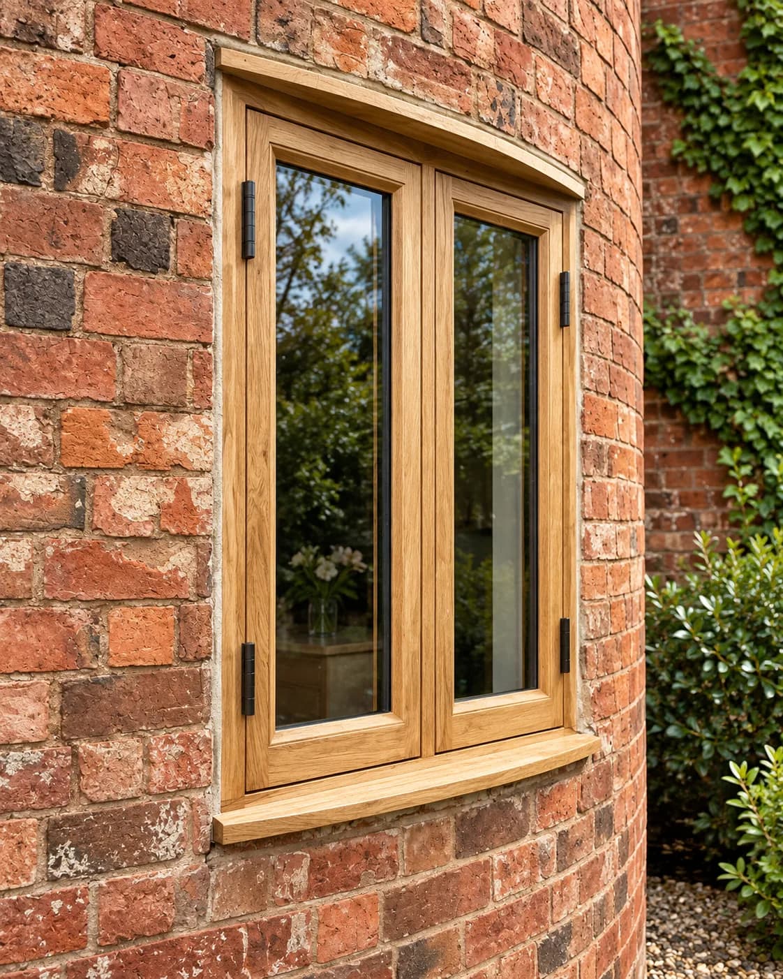 European oak casement window set into the curved brickwork of a round oast kiln, its head made to follow the curve