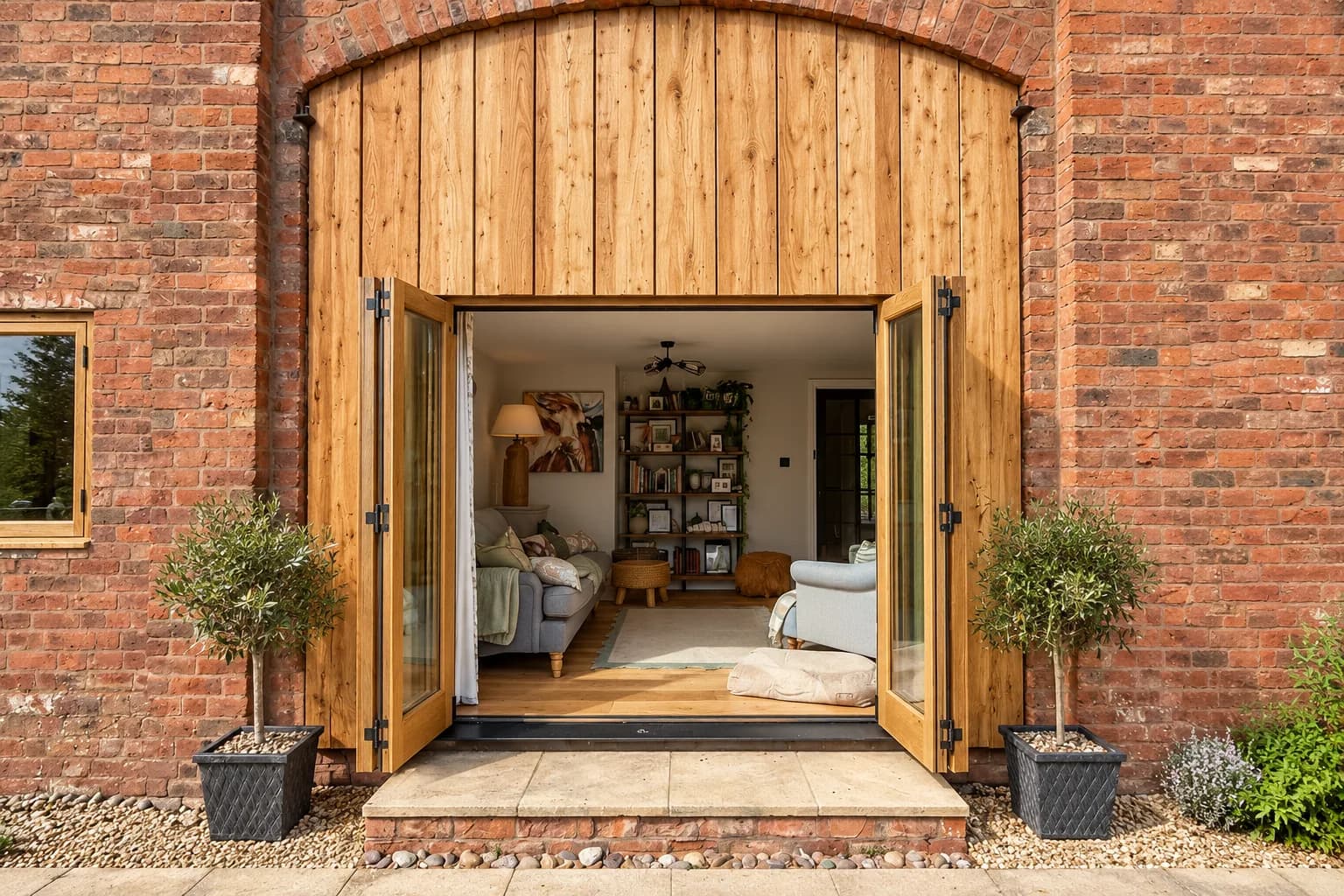 Oak bifold doors folded fully back under a brick cart arch, larch boarding closing the head above, the sitting room open to the terrace
