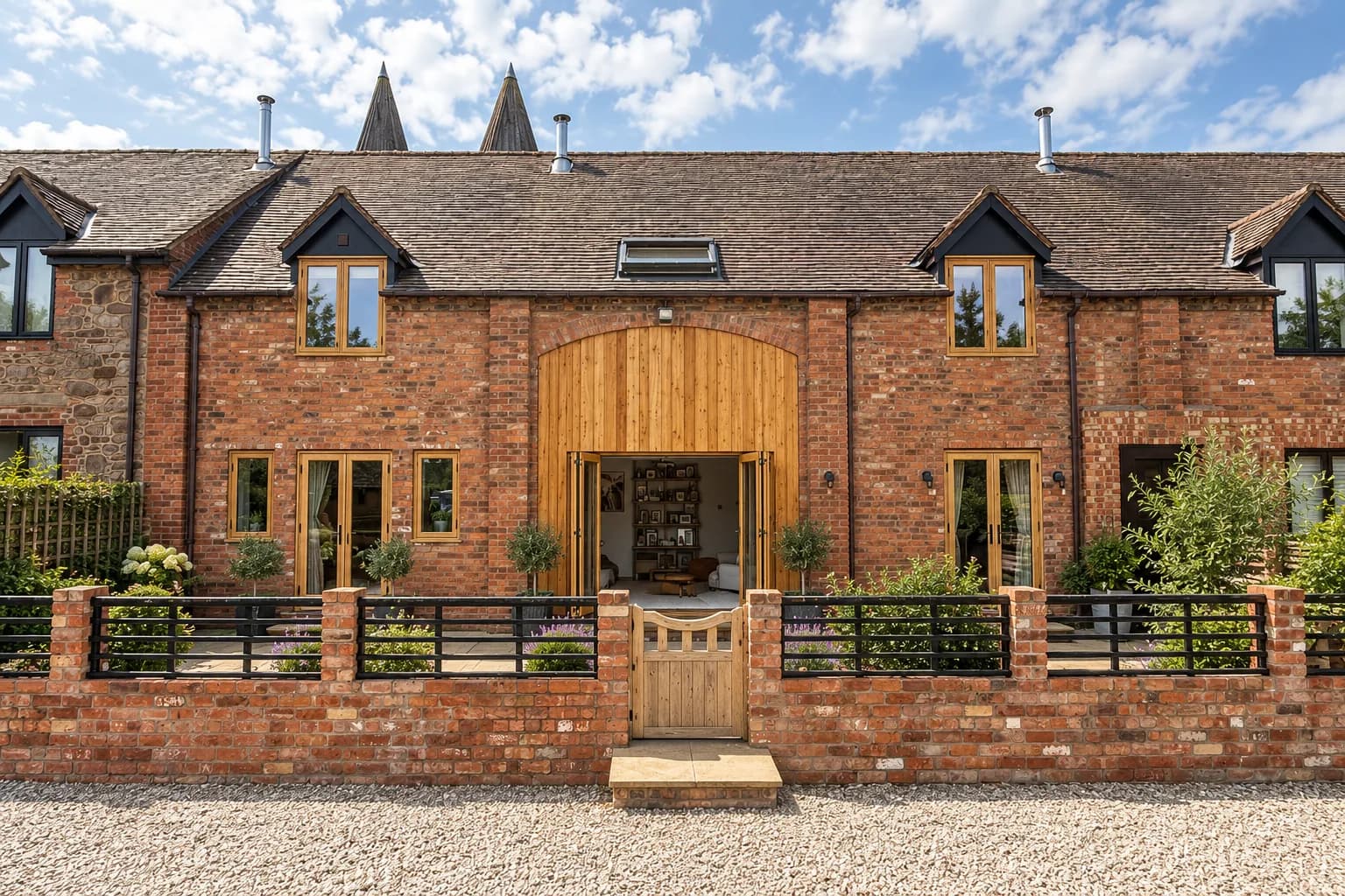 Garden elevation of a converted barn range, oak casements, French doors and bifolds under a central brick cart arch, oast cowls beyond the roof