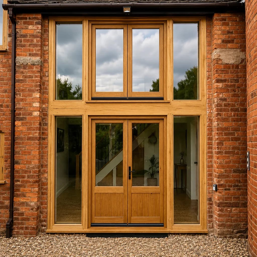 Full-height oak French door set with flanking sidelights and transom lights above, filling a tall brick opening