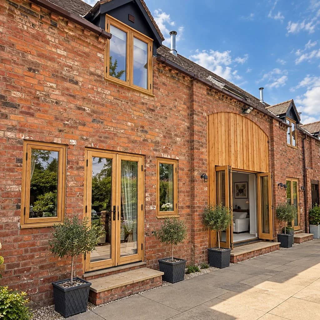 Oak casements, French doors and bifolds repeating down the garden elevation of the barn range, the cart arch open beyond