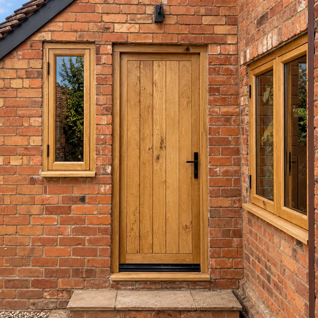 Boarded European oak entrance door, unpainted, with a small oak casement beside it in brick