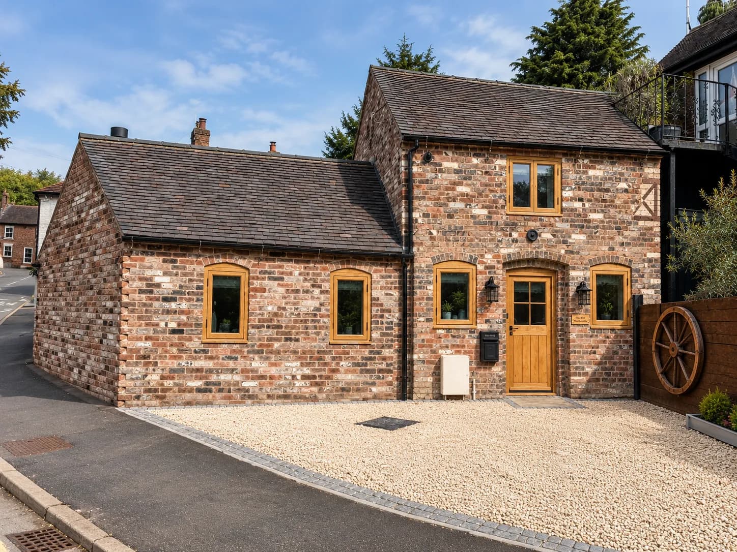 The Old Blacksmiths Cottage in Bridgnorth, a red-brick two-storey building with a single-storey range, oak casement windows with arched heads and an oak front door