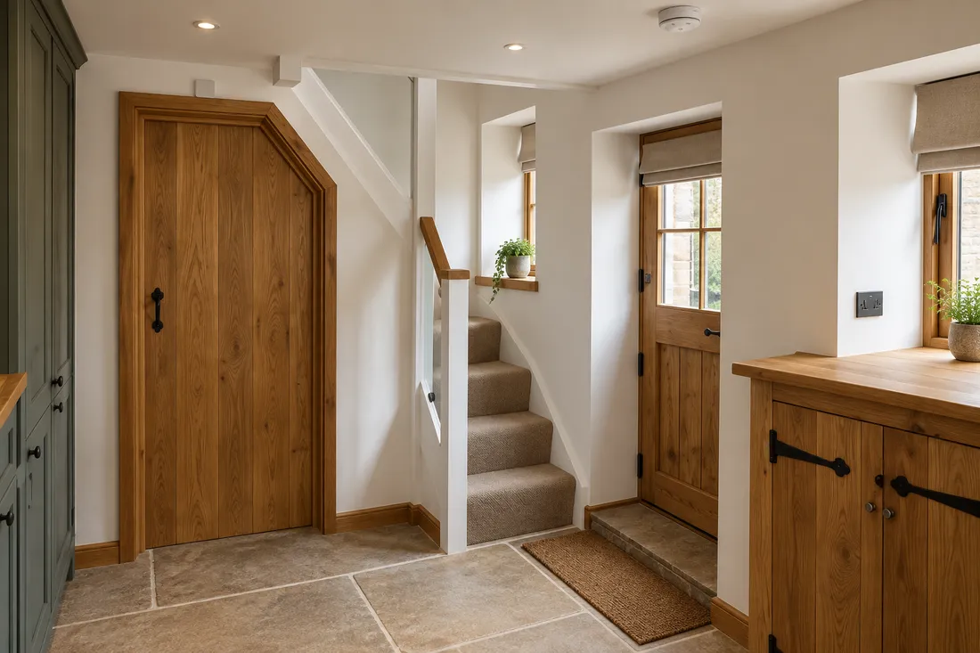 Stone-flagged hall with an oak ledged door shaped beneath the stair, oak skirting and architrave, the staircase and an oak glazed back door