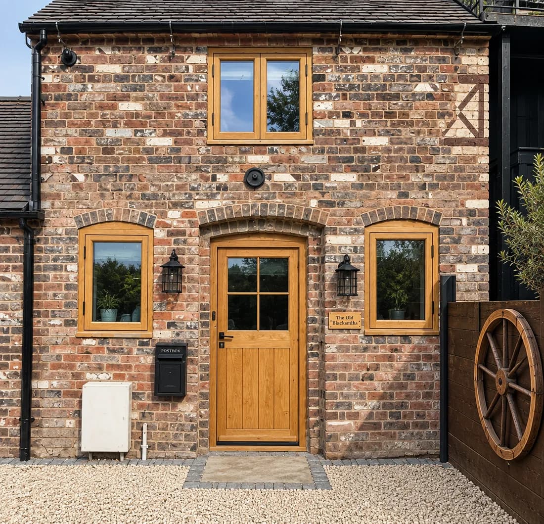 Front of The Old Blacksmiths Cottage: an oak front door with four glazed panes under a brick arch, between two arched oak casement windows