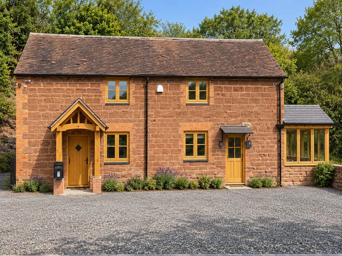 The same sandstone front after renovation, with oak casement windows, an oak front door under an oak porch and a second oak door