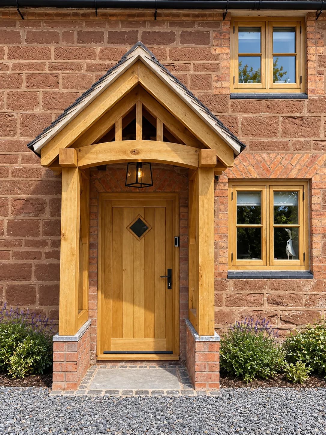 Oak-framed porch with a pitched tiled roof over an oak front door with a small diamond glazed light, set in red sandstone