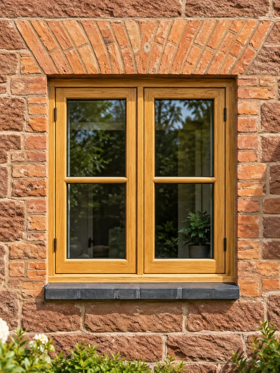Oak casement window with a single glazing bar across each leaf, set into red sandstone under a brick arch