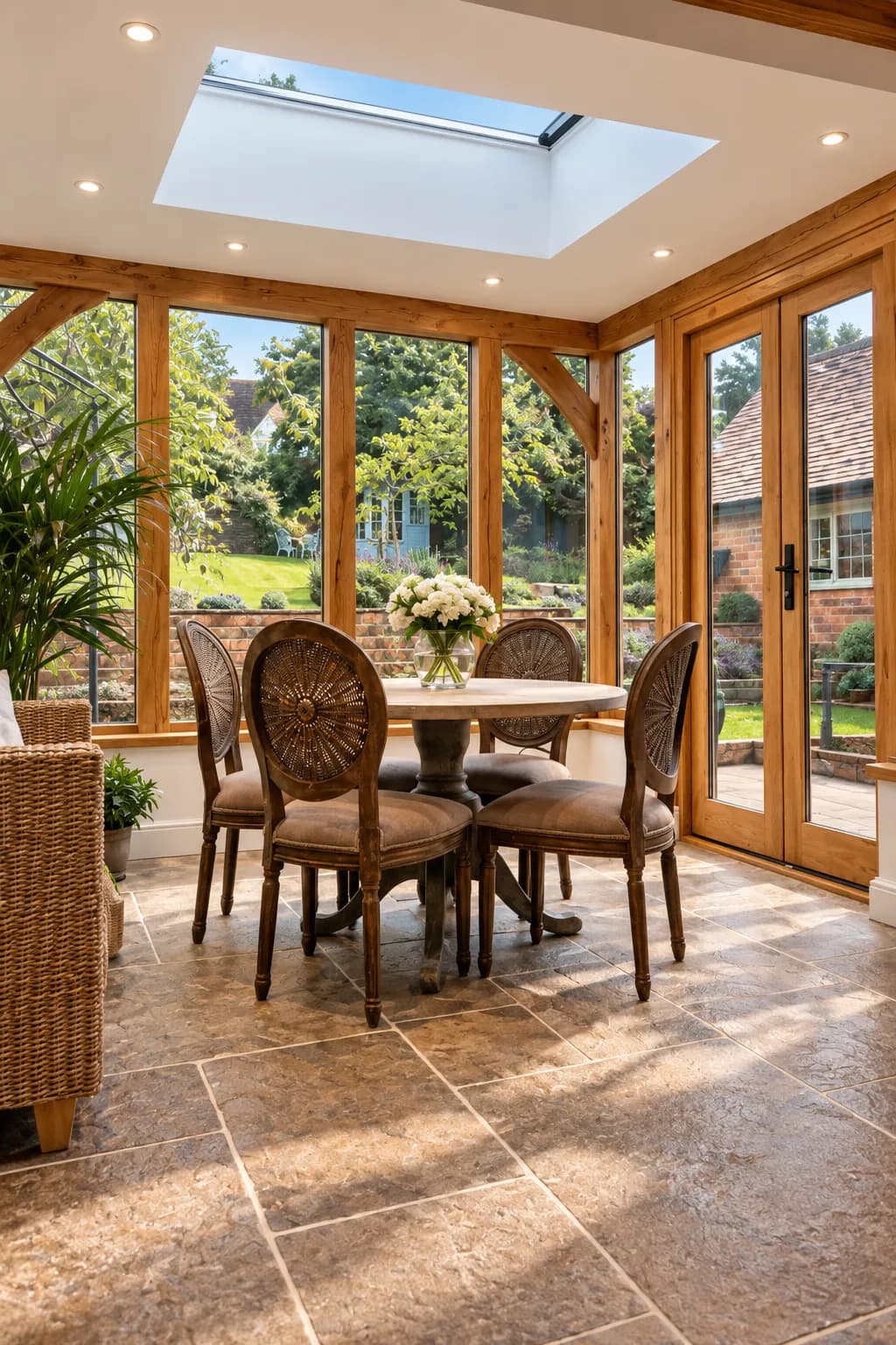 Inside the oak-framed orangery: oak posts and beams, a roof lantern and oak glazed doors, with a dining table on stone flags