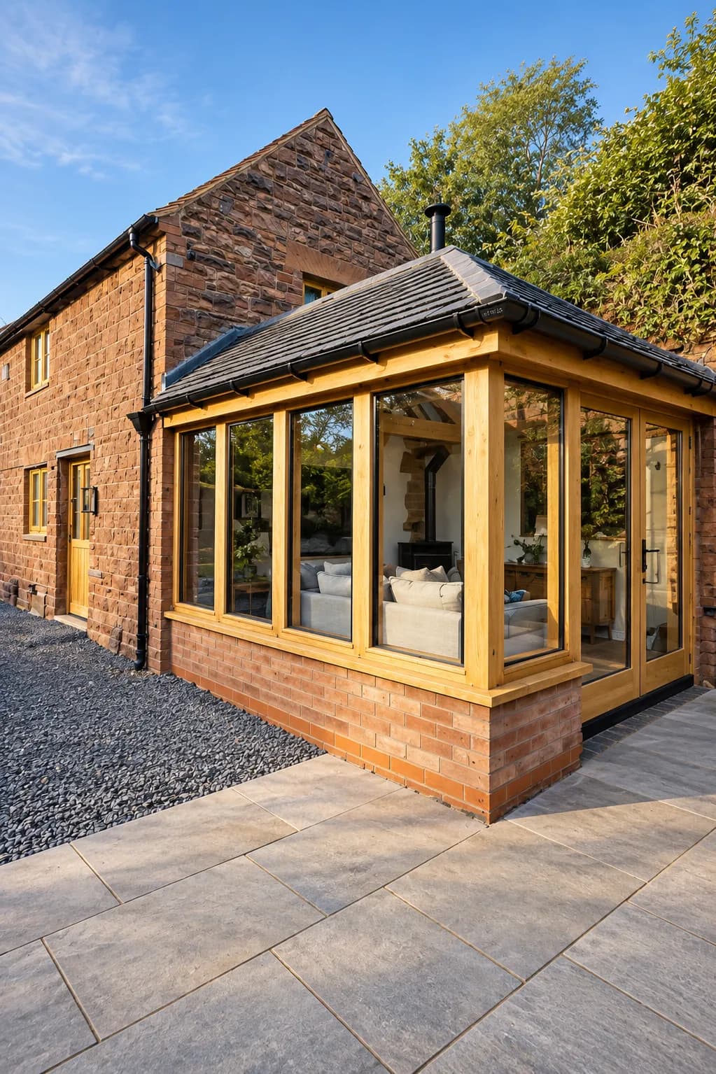 Oak-framed orangery on a brick plinth against the sandstone cottage, glazed on three sides
